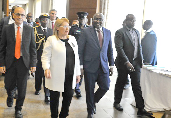 President Marie-Louise Coleiro Preca and Vice-President Mahamudu Bawumia leaving the conference room after the event